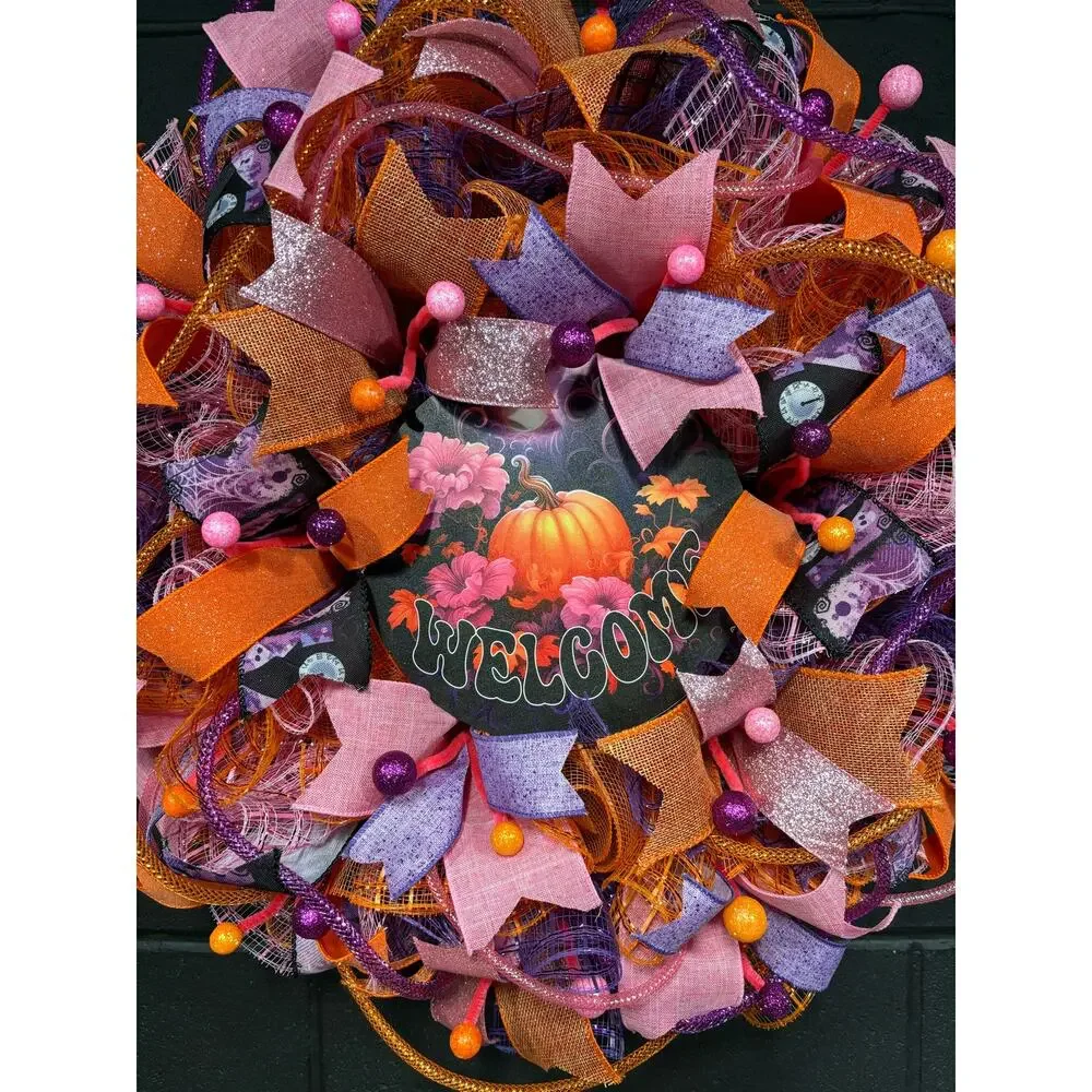 Fall Wreath For Front Door Halloween Pumpkin Orange Pink Purple Handmade 24 inch